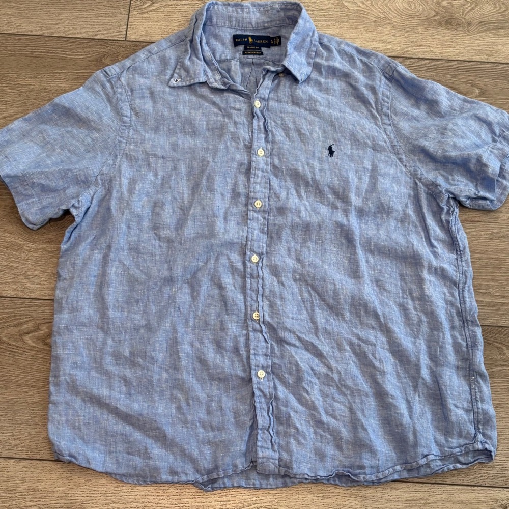Ralph Lauren Linen Shirt Mens XL Blue Classic Untucked Fit Pony Casual Preppy